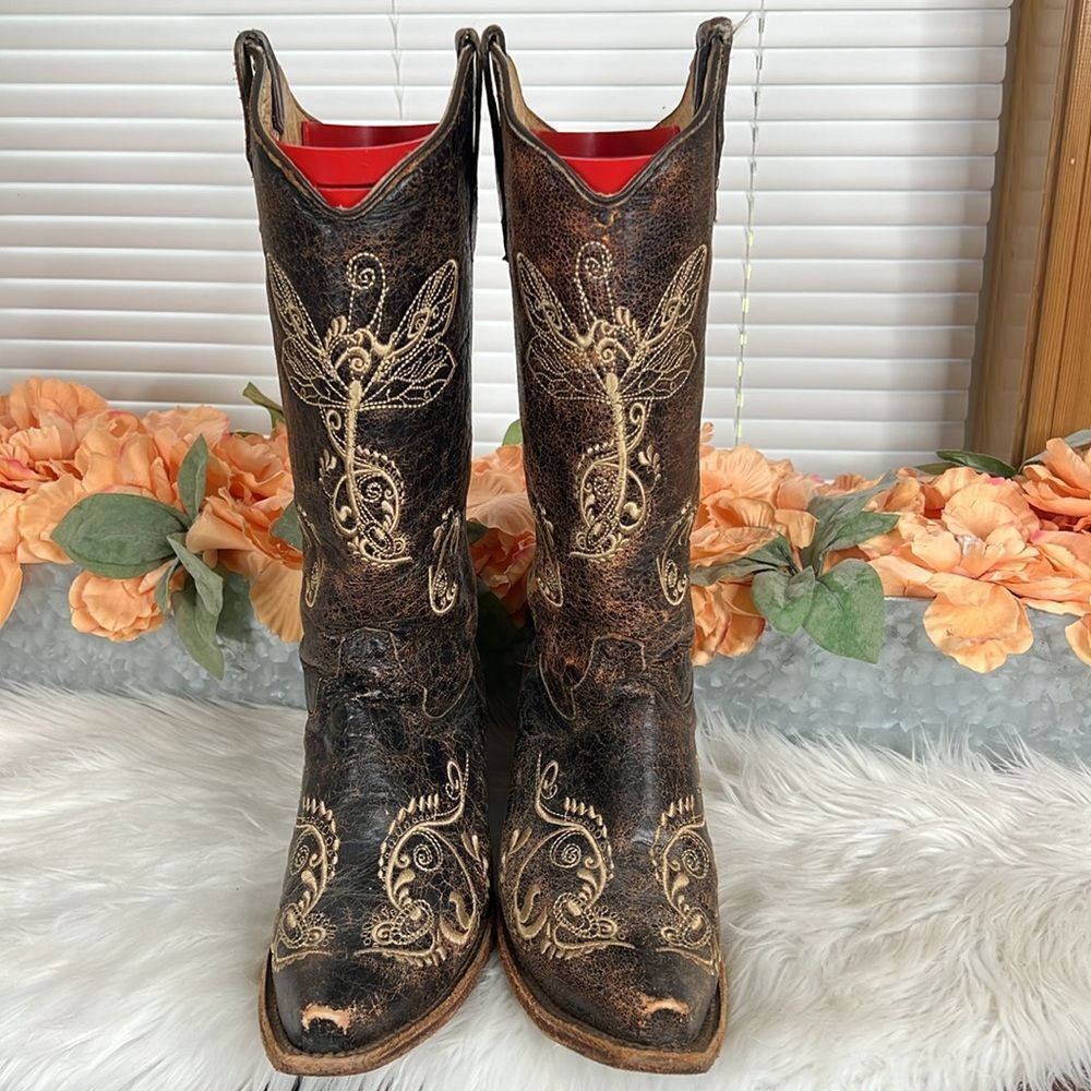 CIRCLE G WOMEN'S DISTRESSED BONE DRAGONFLY EMBROIDERED BOOTS - SNIP TOE Size 10 - Picture 2 of 14